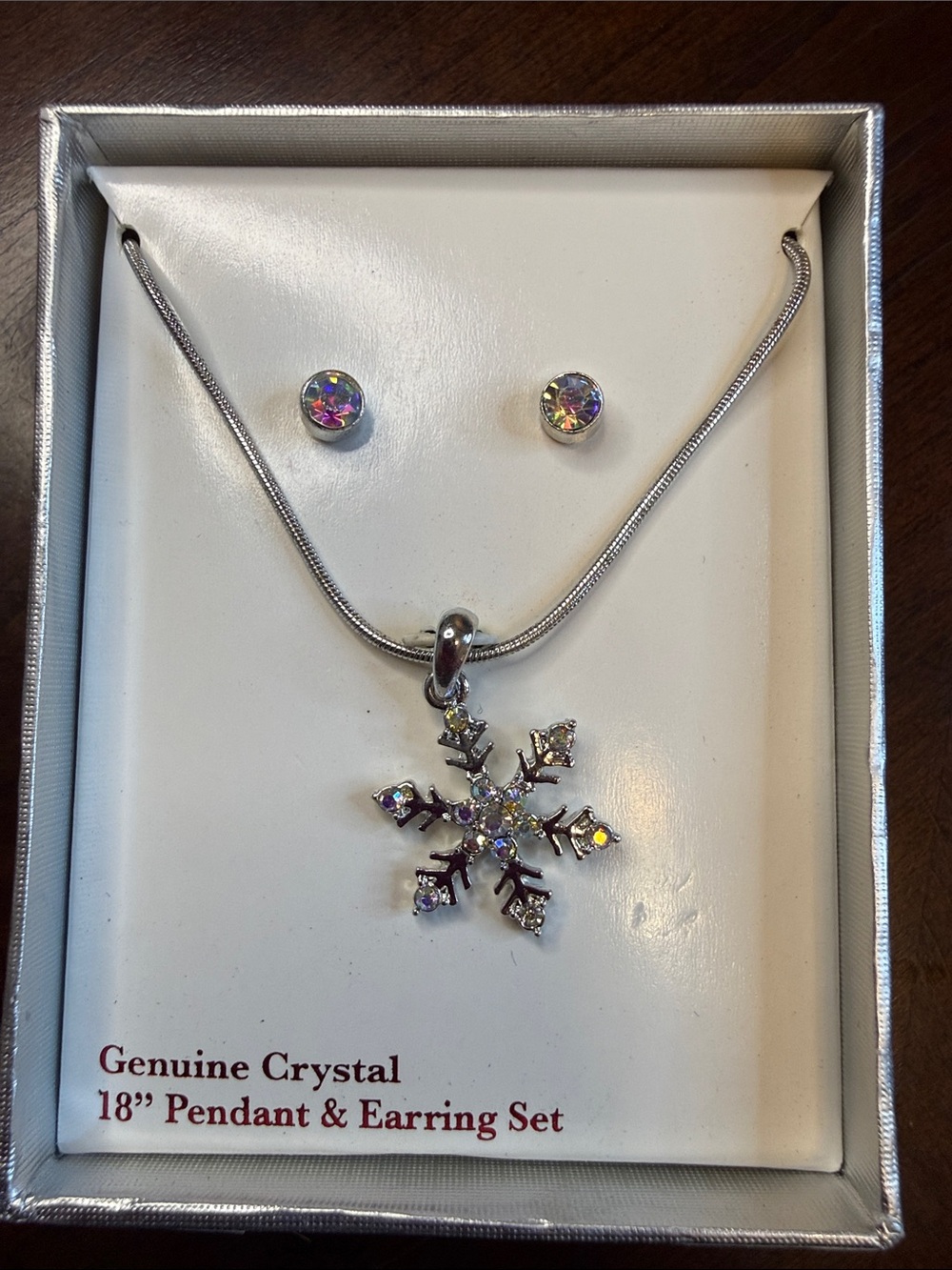 Snowflake Crystal Necklace & Stud Earrings - Silver Tone, White Crystal